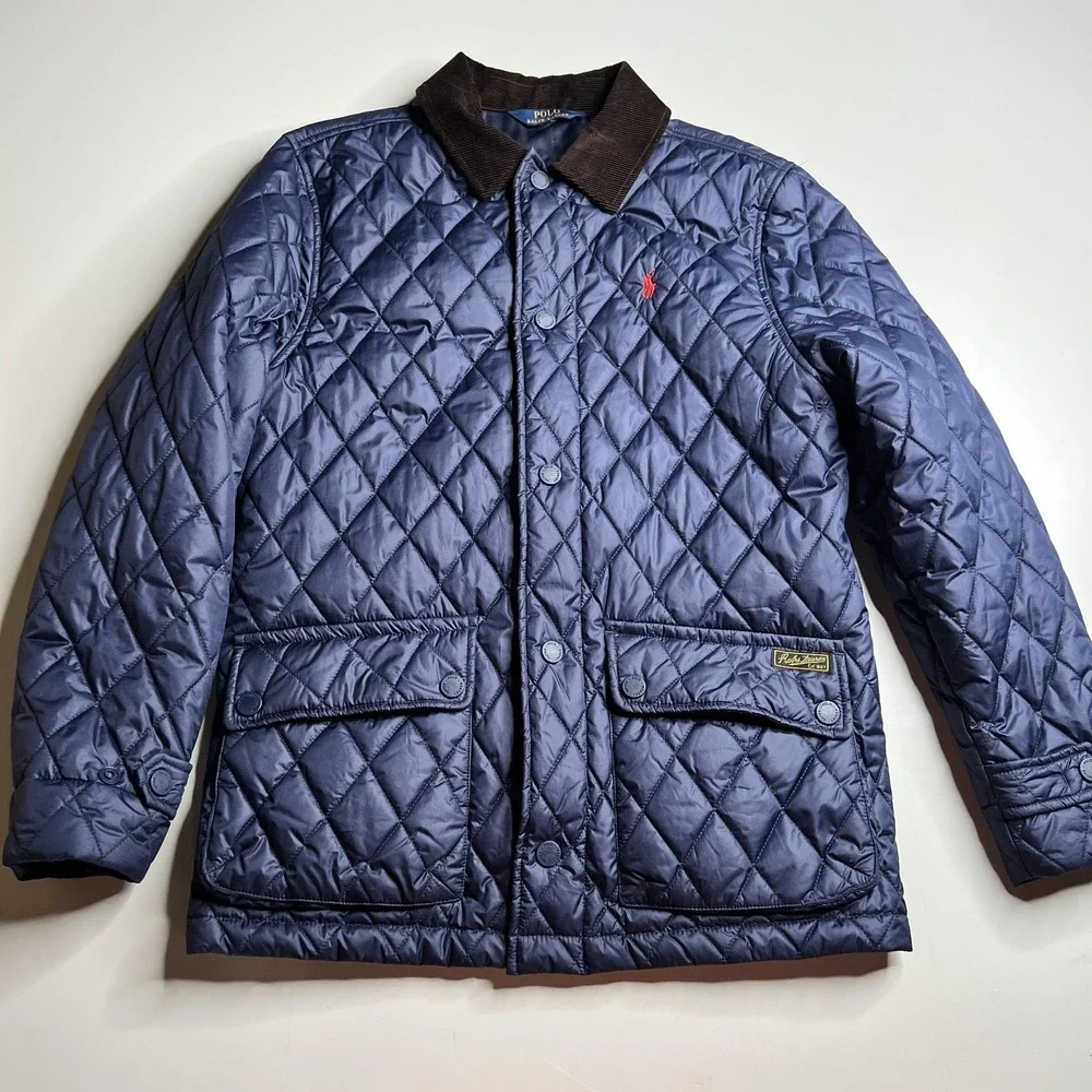 Polo Ralph Lauren Boys Navy Quilted Barn Jacket Corduroy Collar Large 14-16